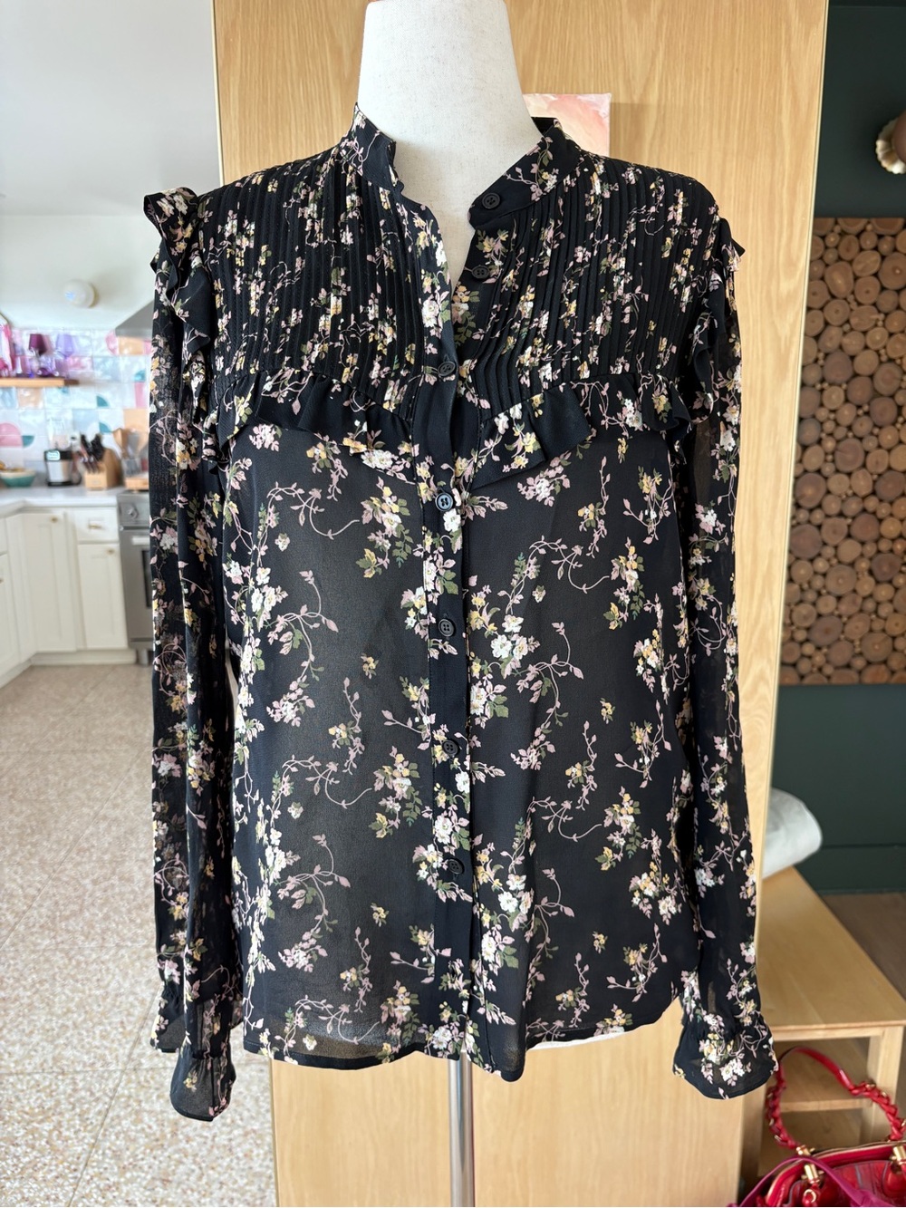 Reformation Black Floral Pleated Ruffle Button-Down Blouse